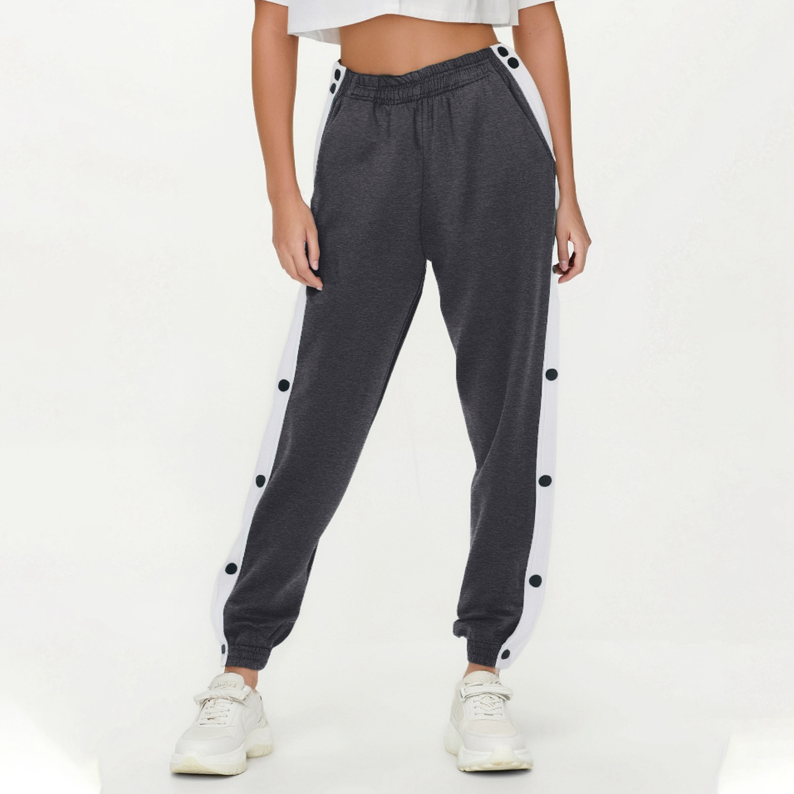 thumbnail image 3 of Pantalones deportivos casuales con botones y puños para mujer: pierna ancha, cordón ajustable, tejido suave y transpirable. Tallas: S-XL., 3 of 8